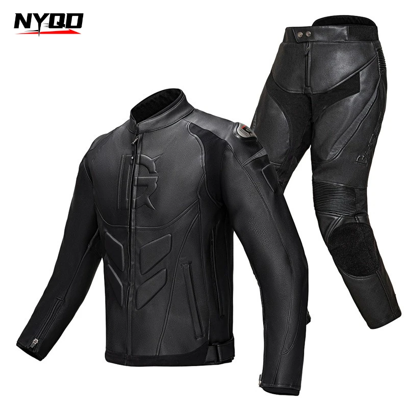 Winter Motorcycle Racing Suit Leather Jacket and Pants Set for Men Women, Windproof Protective Riding Gear with CE Armor