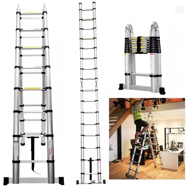 Telescopische ladder 2,6M-6,3M uitschuifladder roestvrij staal draagbaar EN131-norm met afneembare haken 150kg draagvermogen