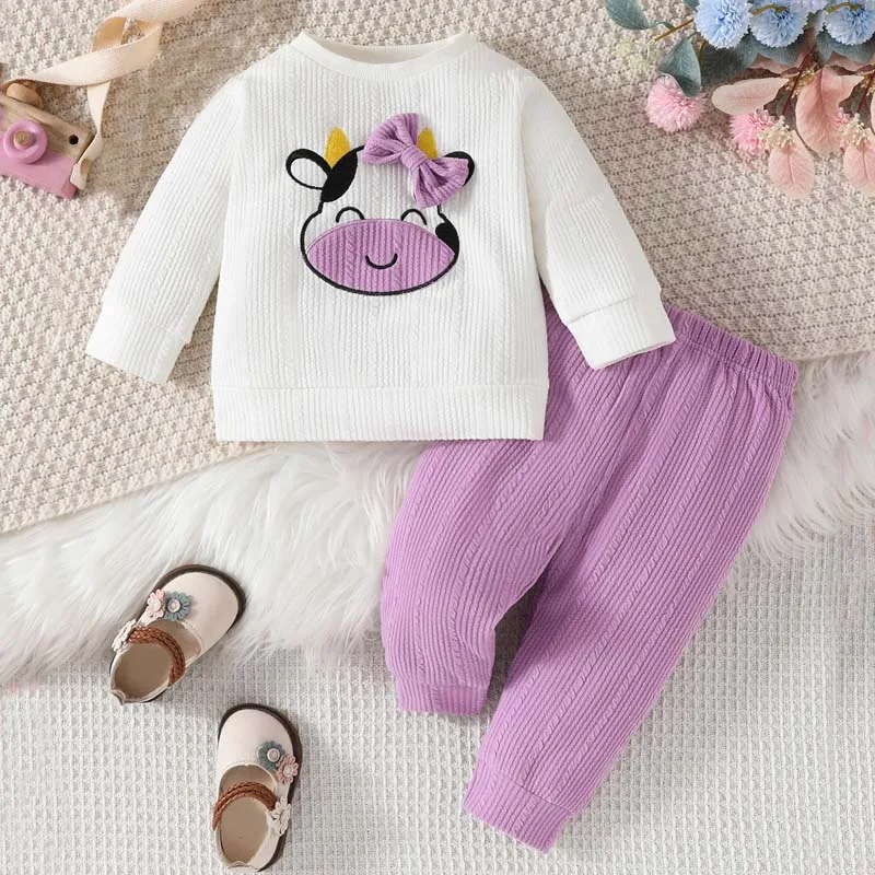

Autumn Babies Girl Set 2-Piece Set Toddler Girl Cow Pattern Bow Long Sleeve T-Shirt Top With Trousers Baby Outfits 1-3Years Old