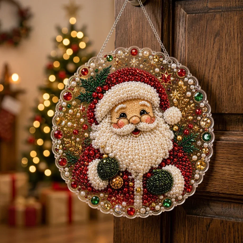 1PC Christmas Pearl Diamond Painting Kit Acrylic Round Board DIY Craft Metal Chain 3D Flat Pearl Beads Craft Holiday Wall Decor