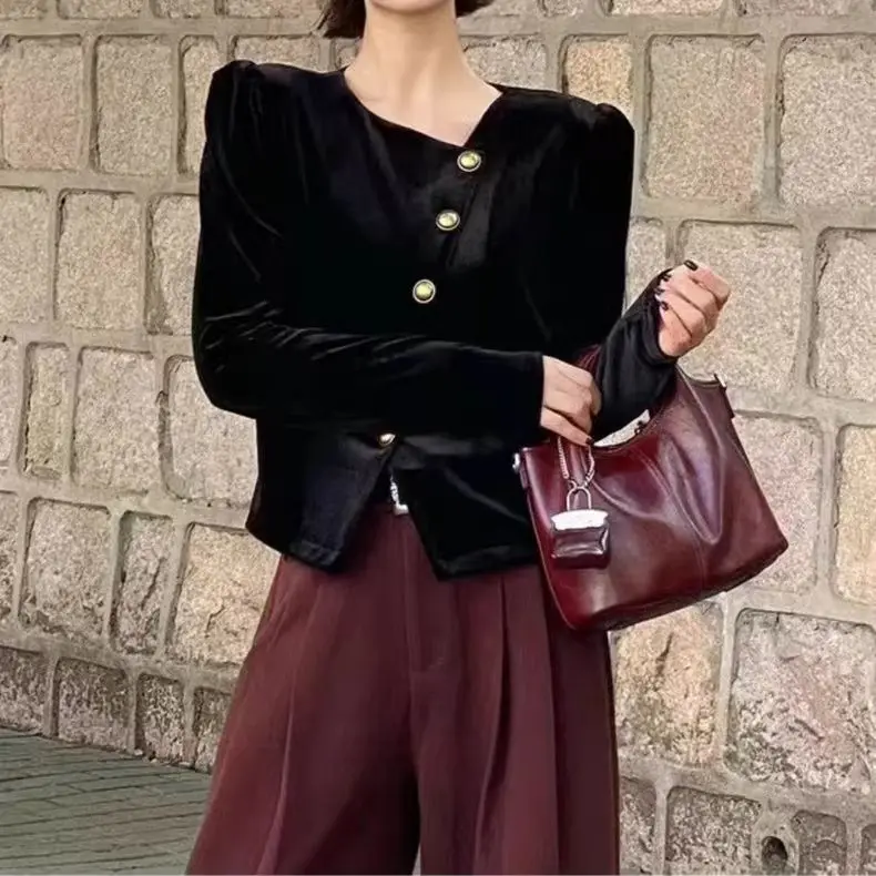 

Золотой бархатный асимметричный топ на пуговицах Long Sve irt, женский высококачественный базовый слой Faion, осенне-зимний новый Sle