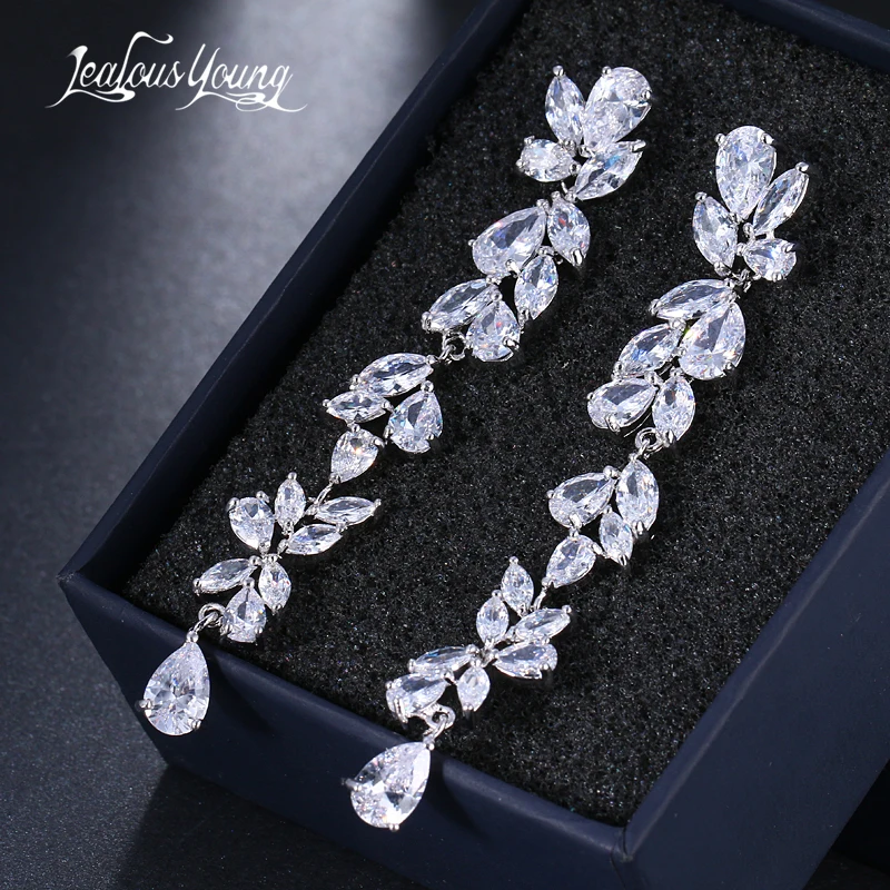 2018 Luxury New Long Fringe Earrings Leaf Shape Water Drop AAA+ Zirconia Earings For Women Fashion Bride Earrings Brincos AE570