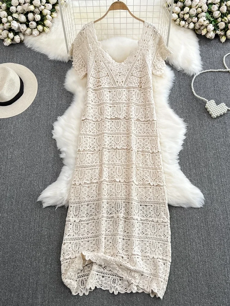 เดรสยาวทรงเอเข้ารูปผูกเอว ผ้าลูกไม้โปร่งลายฉลุ รุ่น Hebe Sle Summer Long Dr Gentle ort Sve V-Ne