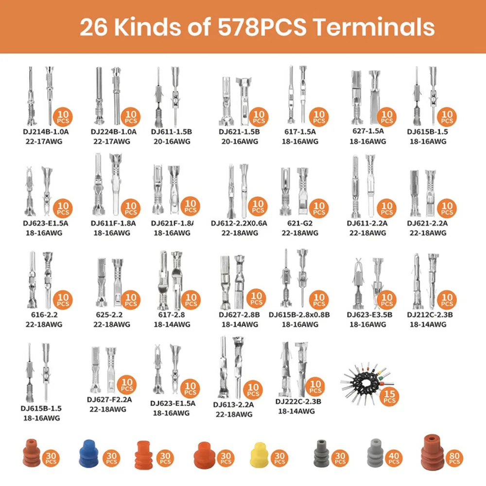 578pcs 26 Types Automotive Electrical Pin Connectors, 1/1.5/1.8/2.2/2.8/3.5mm Terminal Pin Connector Kit with Removal Tools