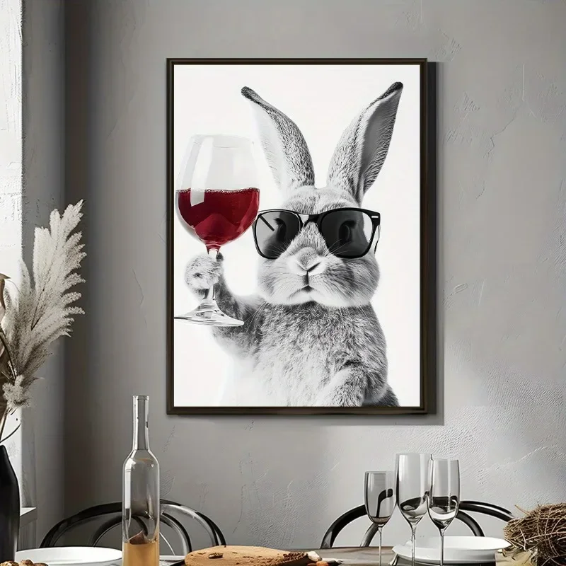 Modern Minimalist Cheers Bunny Canvas Art Print - Frameless Wall Decor for Living Room, Bedroom, Office, Hallway, Kitchen