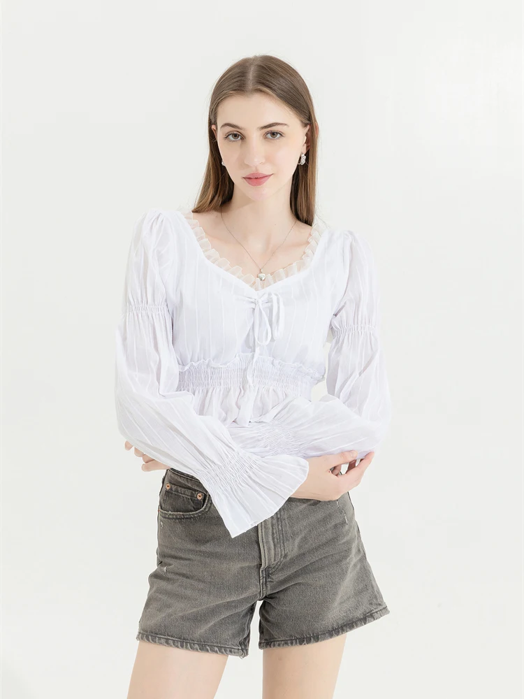 Camisa de manga larga con farol plisado francés para mujer, blusa Vintage blanca con cuello cuadrado, Tops para mujer 2022