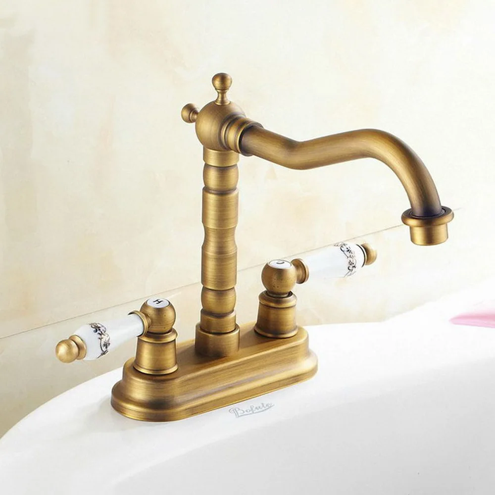 Antique Brass Basin Vanity Sink Faucet Double Handle Bathroom Mixer Deck Mounted 2 Holes Swivel Spout Faucet Nnf323