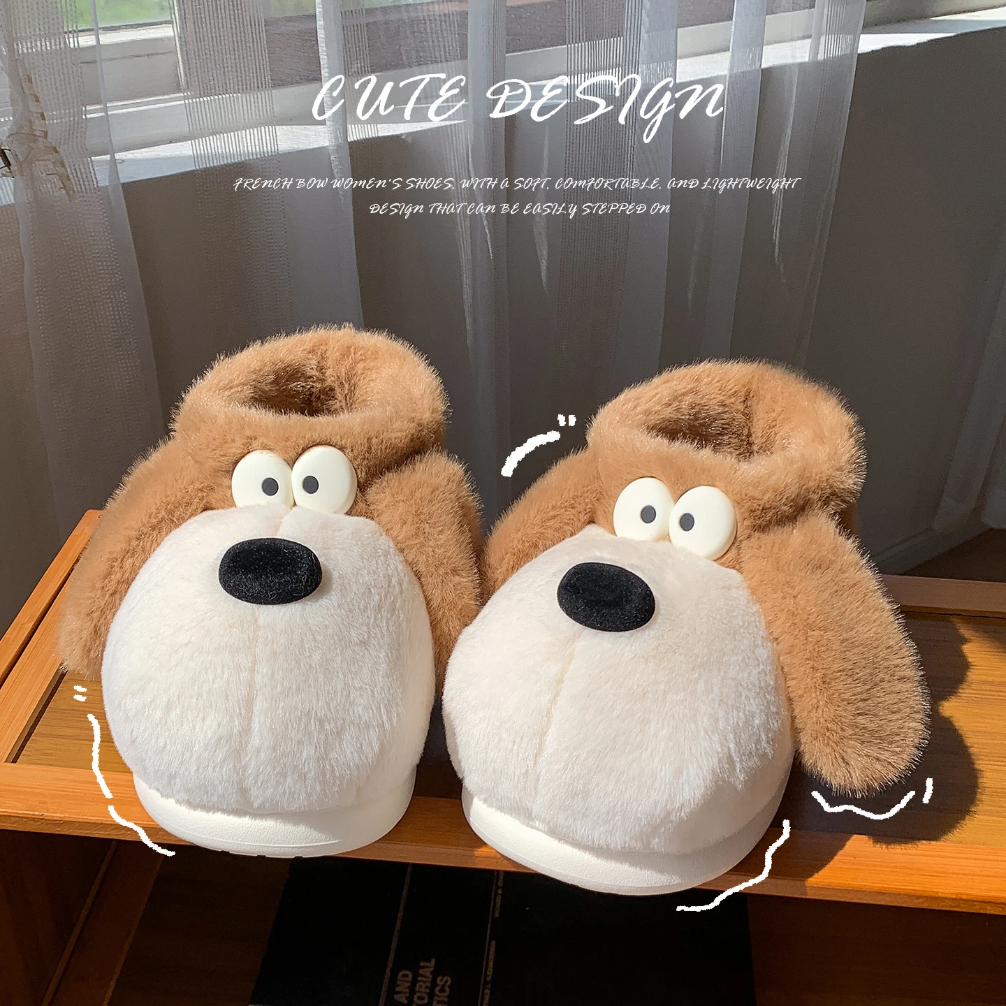 Koreanischer Stil, niedliche Welpen-Hausschuhe aus Plüsch, Damen, Winter, warm, mit weicher Sohle, für drinnen, flauschig, rutschfest, Hausschuhe. – Detail 12
