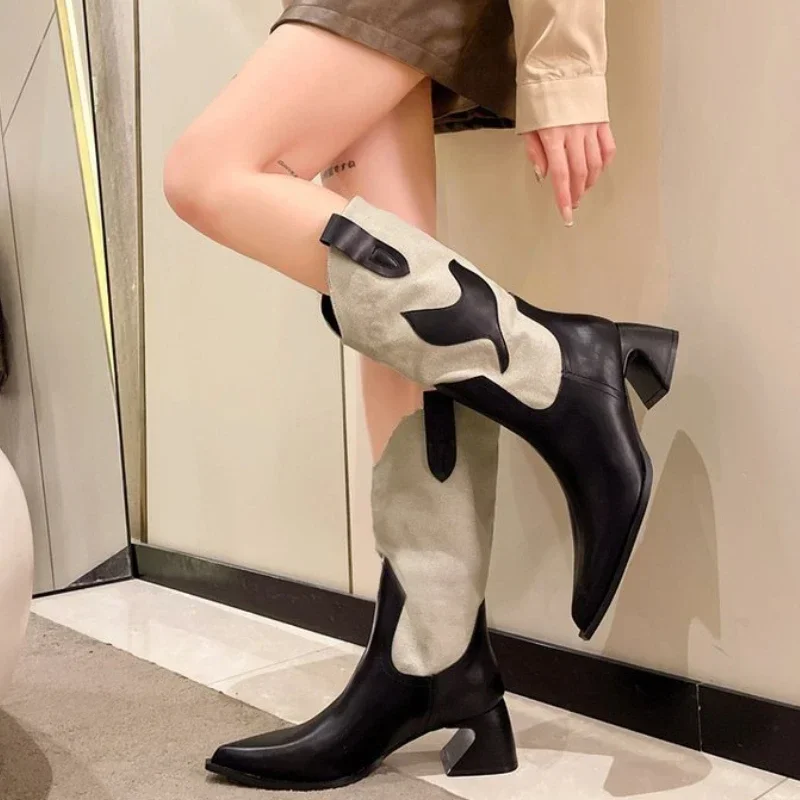 Splice Western Women\'s Cowboy Boots 2024 New Fall Winter Fashion Pointed Toe Chunky Heels Knight Boots Gladiator Cossacks Shoes