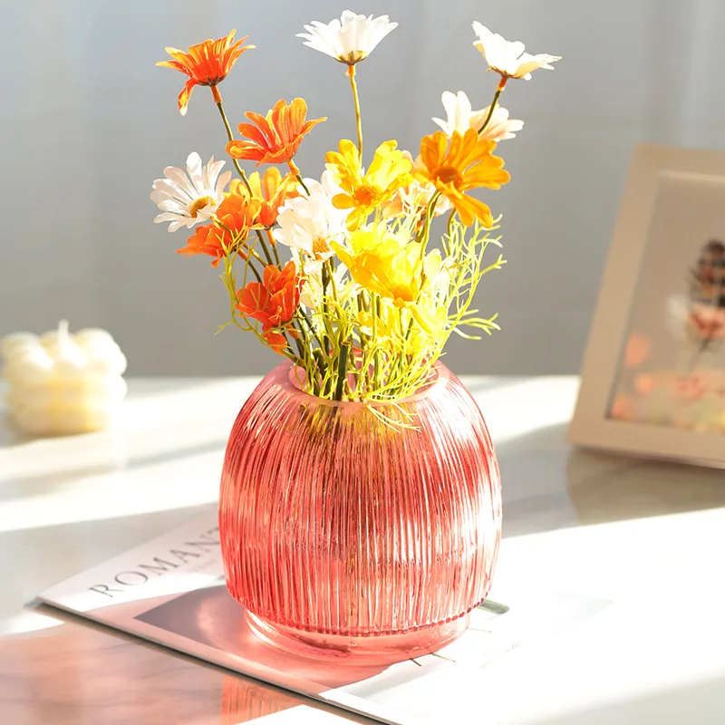 Handmade Thickened Light Luxury Wedding Red Striped Glass Vase Water Nourishing Green Plants Flower Arrangement Home Decoration