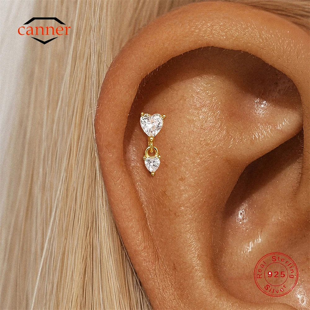 

CANNER 925 Sterling Silver Heart-Shape CZ Stud Earrings For Women INS Smooth Four Point Star Earring Fine Jewelry Party Gift