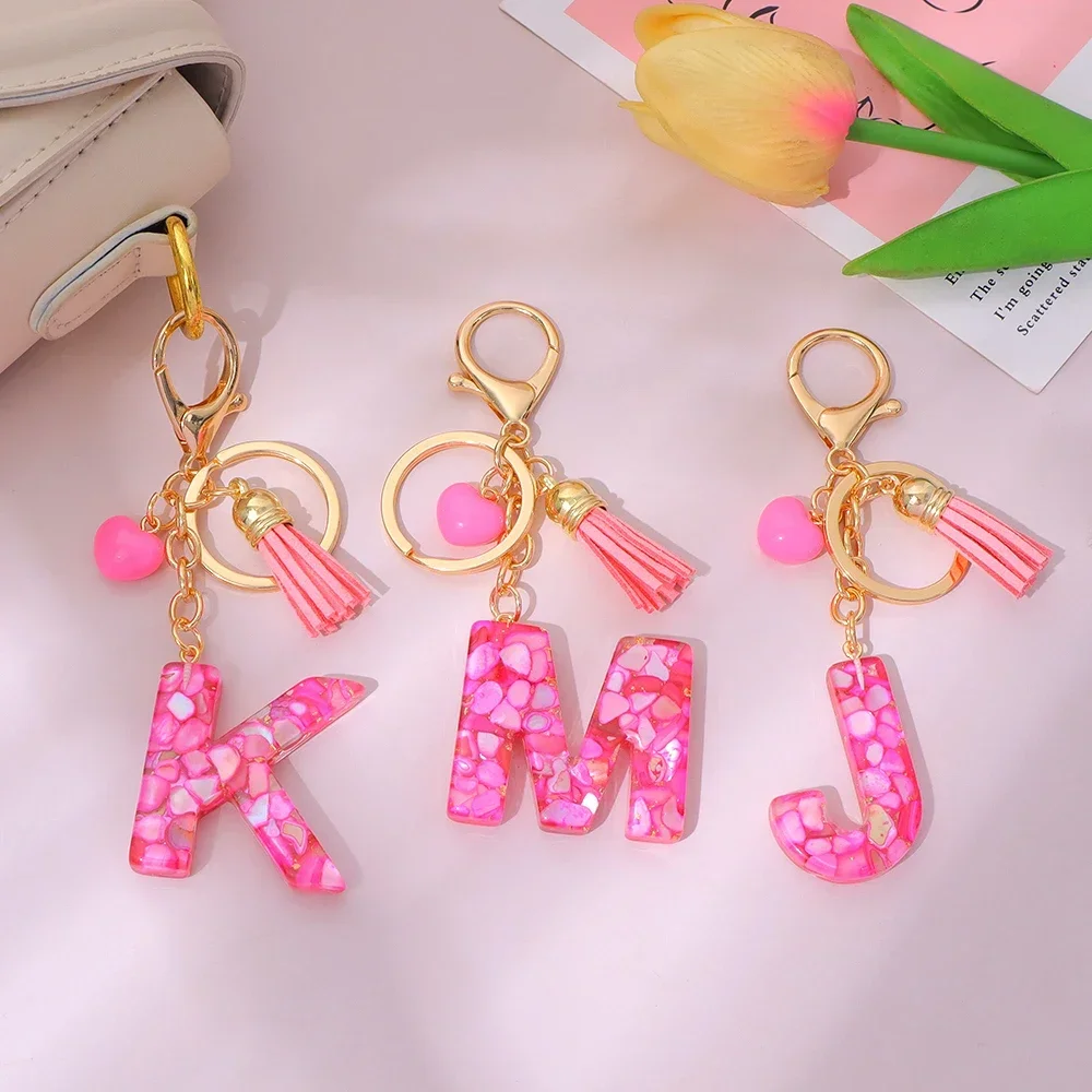 Pink Apricot Heart Initials Keychains A-Z Resin Letter Tassel Pendant Keyring for Women Car Key Handbag Ornaments Party Gift