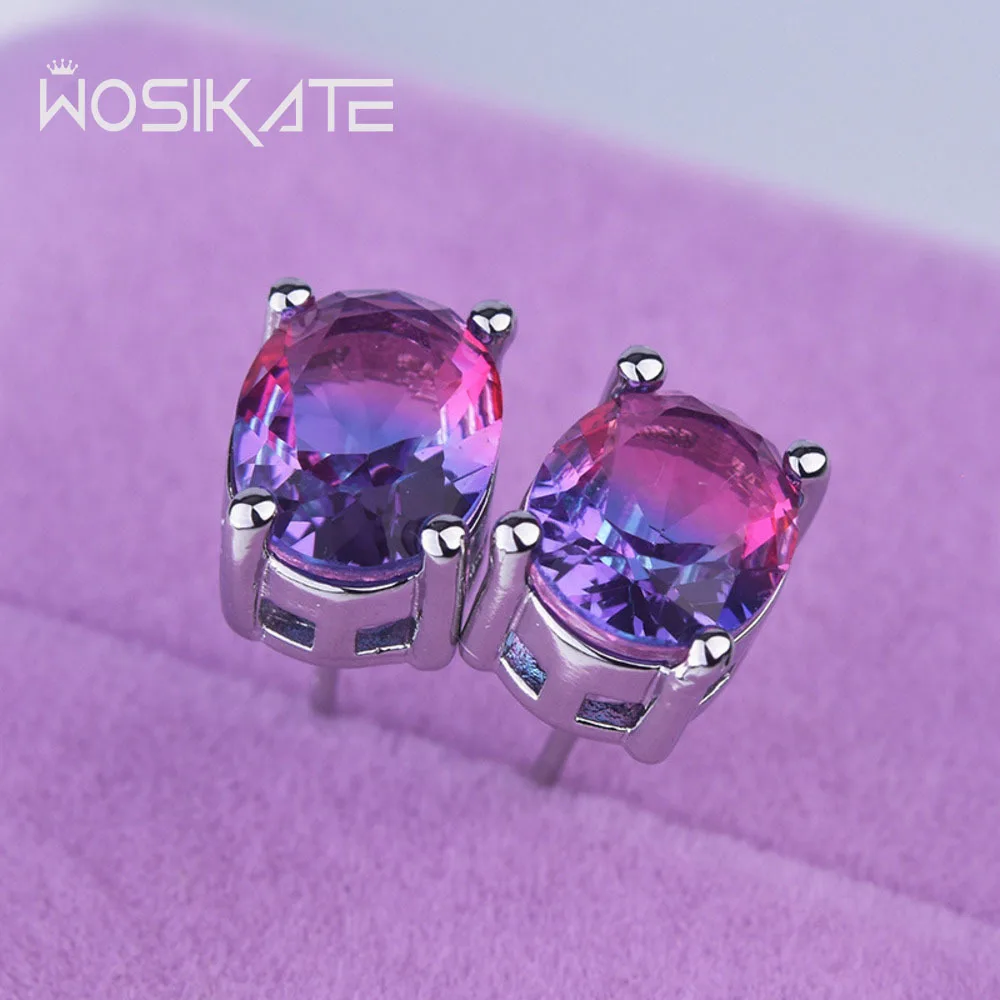 WOSIKATE New Classic Colorful Gradient Gemstone Earrings For Women 925 Sterling Silver Jewelry Engagement Ornament Stud Earrings