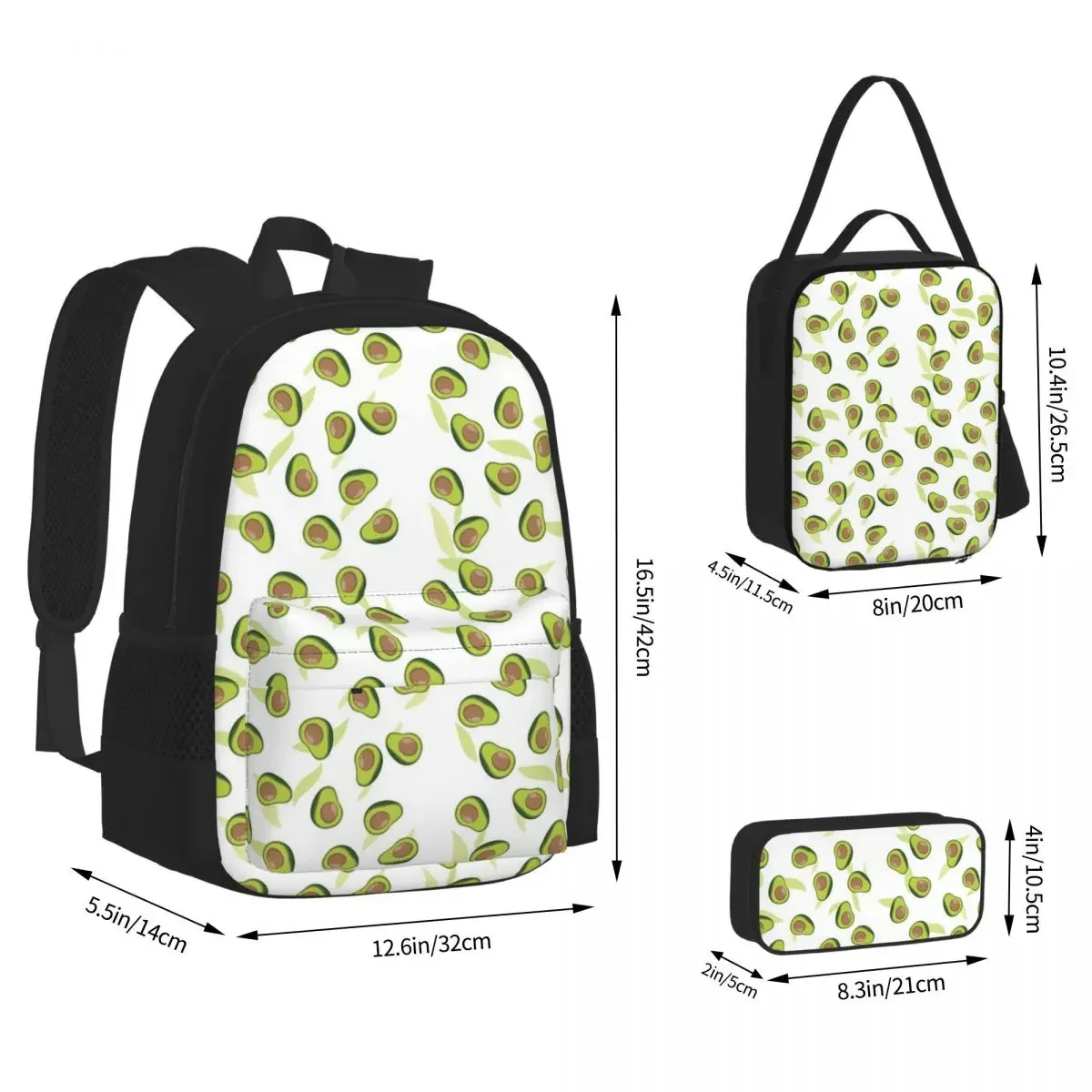 Fruity Avocado Pattern Backpacks Boys Girls Bookbag Students School Bags Cartoon Kids Rucksack Lunch Bag Pen Bag Three-Piece Set