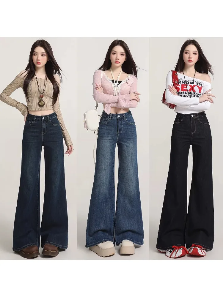 

American Retro Flared Denim Jeans Women's Deep Blue High Waist Slimming Drapey Wide Leg Floor-Length Pants Spring Summer New ...
