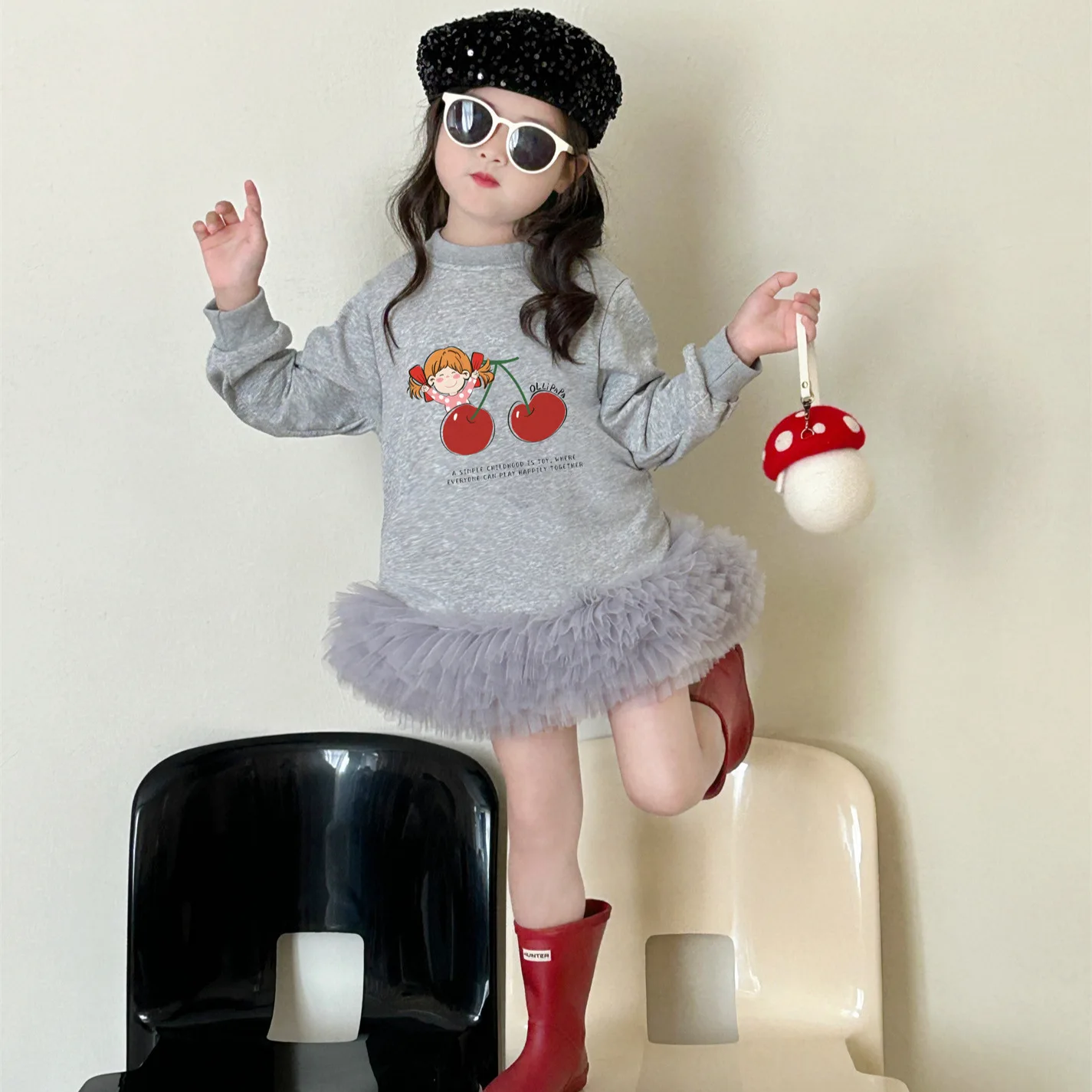 

Girls Dress Quilted Hoodie Dress 2024 Autumn New Korean Style Foreign Girl Baby Fashion Cartoon Long Long-sleeved Top