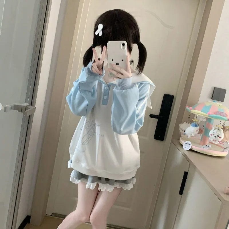 2025 Japanse Cartoon Afdrukken Hoodie Vrouwen Harajuku Sailor Kraag Patchwork Losse Sweatshirt Y2k Esthetische Knop Casual Hoody