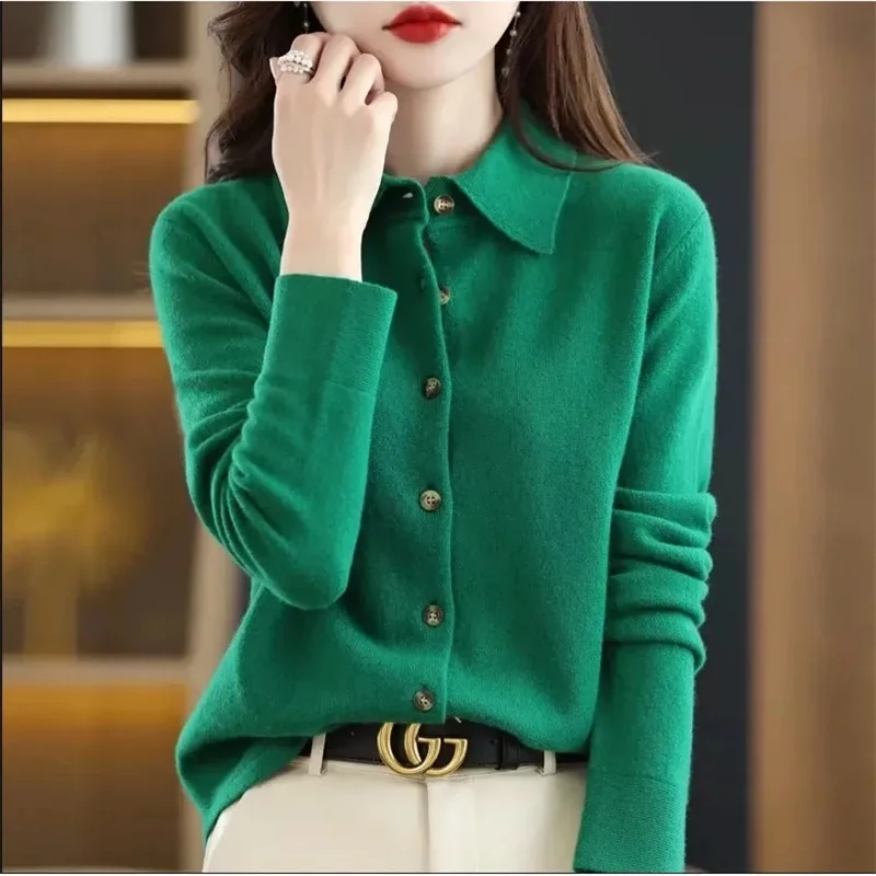 2024 New Autumn Winter Women Wool Blend Sweater Polo Collar Tailored Cardigan New Fashion Casual Knitted Loose Soft Jacket Botto