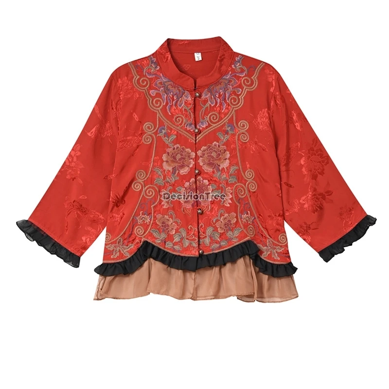 سترة قصيرة مطرزة من الساتان على الطراز العرقي الصيني بتصميم عتيق لعام 2025 وياقة واقفة وتصميم مرقع بلوزة بدلة تانغ t001