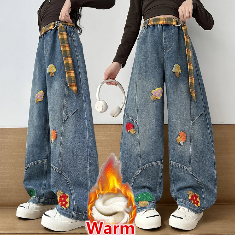 

Luxury Child Wide Leg Curved Winter Jeans for Teen Girls Fashion Loose Straight Warm Thermal Denim Pants Kids Insulated Trousers
