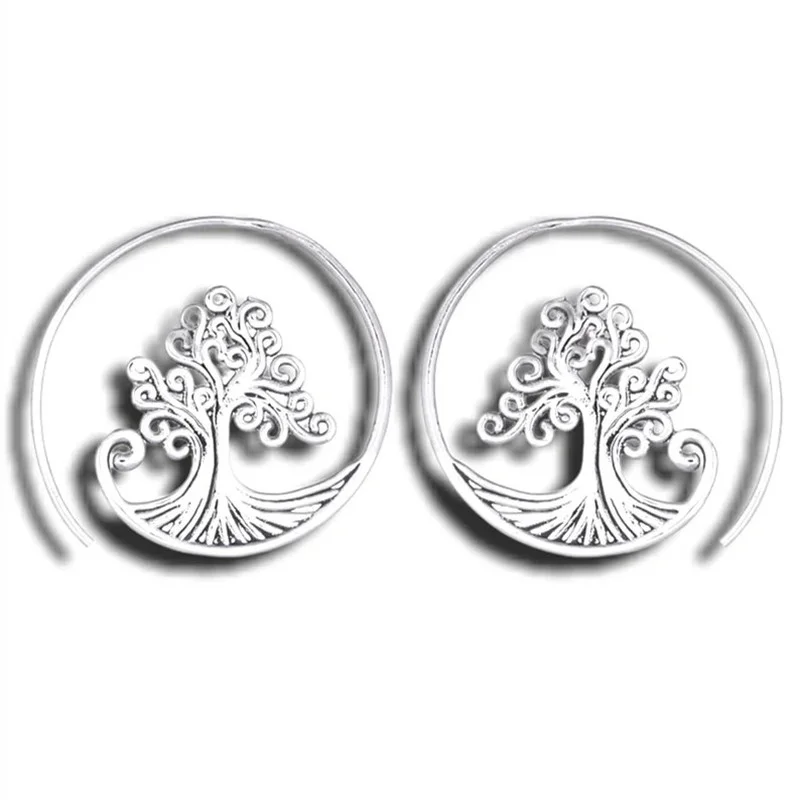 Vintage Round Metal Craftsman Carved Tree of Life Earrings Women Hook Simple Hoop Drop Earrings