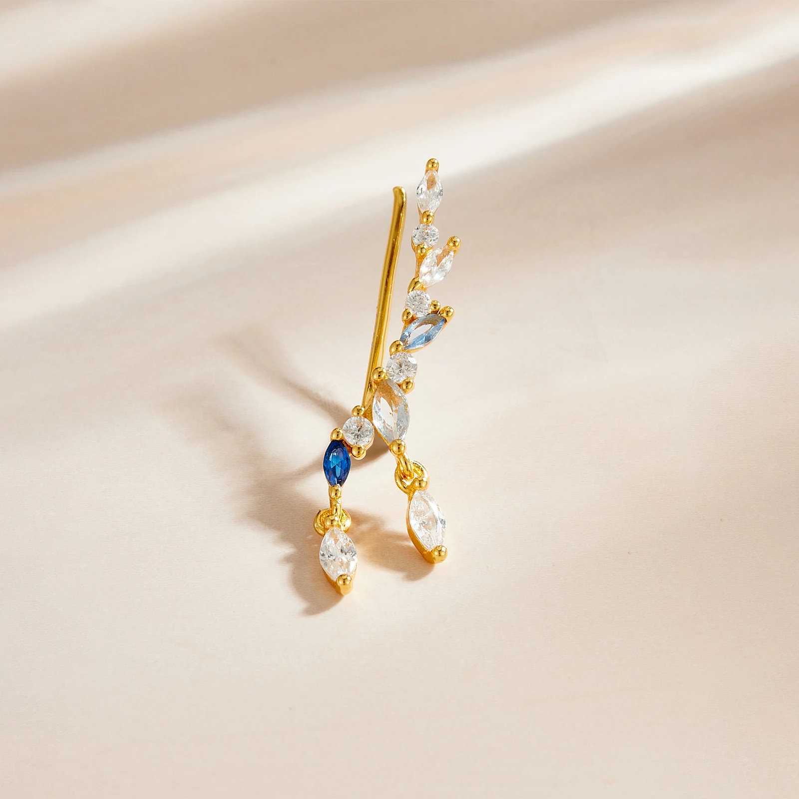 ANDYWEN 925 Sterling Silver Marquise CZ Blue Zircon Ear Climber Stud Earrings, Dainty Fashion Luxury Ear Pin Jewelry for Women