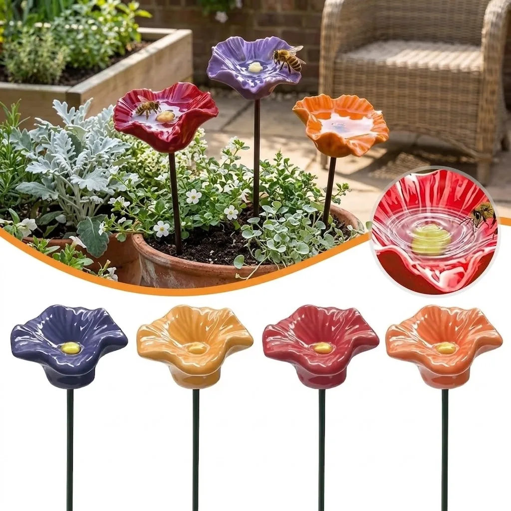 Creative Portable Bee Water Feeder Resin Flower Drinking Fountain Holder Bee Watering Station Bird Bath Stand Household Garden