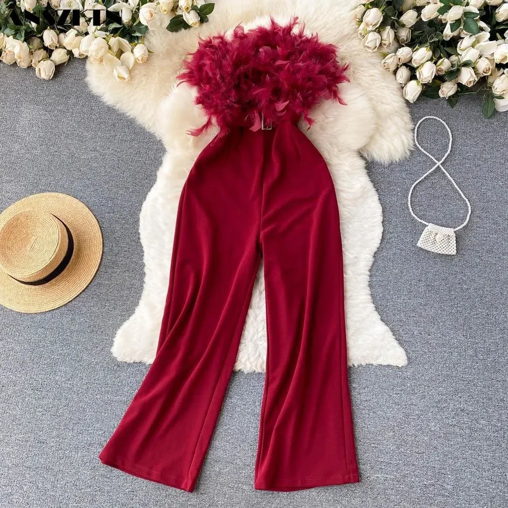 Luxury Feather Tassel Tube Top Jumpsuit Women High Waist Slimming Playsuits Lady Straight Wide Leg Jumpsuit Summer