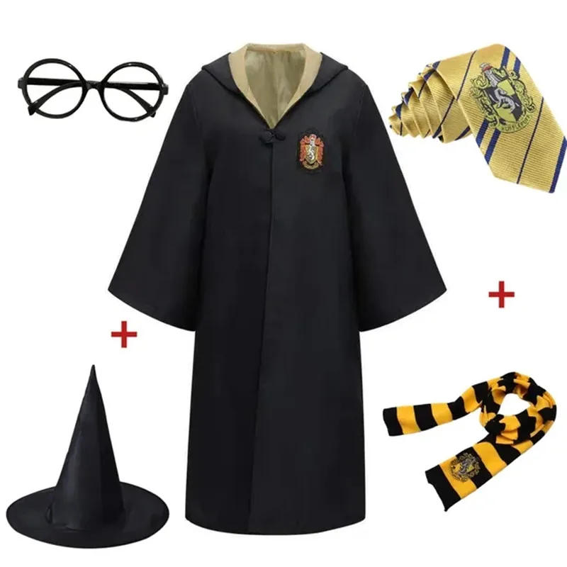 男性と女性のための魔法の学校のコスプレコスチュームセット、wizardry服、ケープ、スカーフ、ネクタイ、メガネ、帽子、魔法のケープ、大人、子供、6個