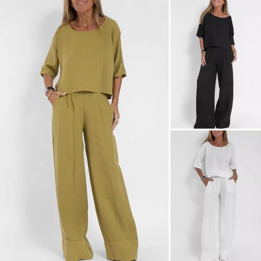 Women Summer Suit Stylish Women's V Neck Top Wide Leg Trousers Set for Commute Loose Three Quarter Sleeve T-shirt with Solid