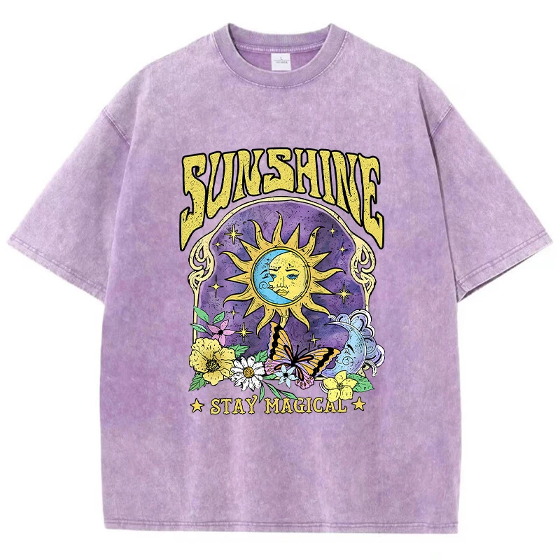 Sunshine Stay Magica Sun Moon Butterfly Flower Tops Man Casual Tee Clothes T-Shirts Summer T-Shirt 100% Cotton Loose T Shirt