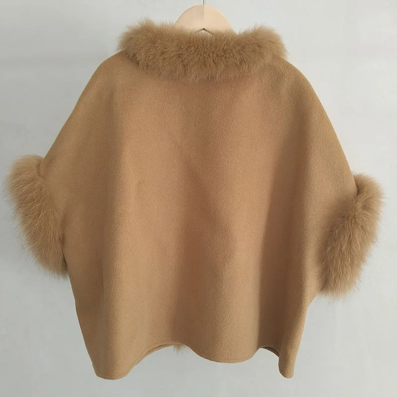 2026 Women Autumn Real Fox Fur Collar Poncho Fashion Warm Wool Blended Plus Size Coat Female Outwear Ovecoat