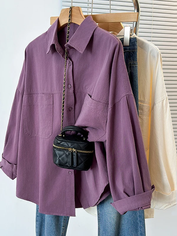 

Ladies' Sli Simple Long Sve Collared irt Double ket Lazy Outerwear Autumn 2025 Korean Version Faionable Persona...