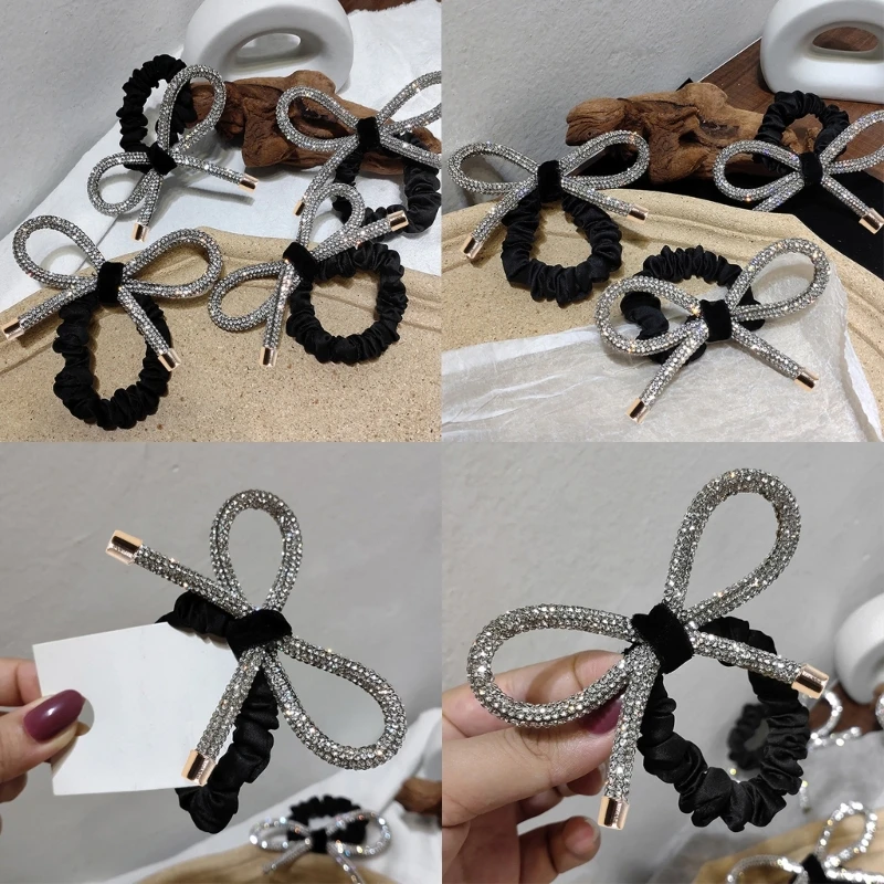 for Rhinestone Bow Hair Ties Rope Glitter Jeweled Elastic Ponytail Scrunc N2UE