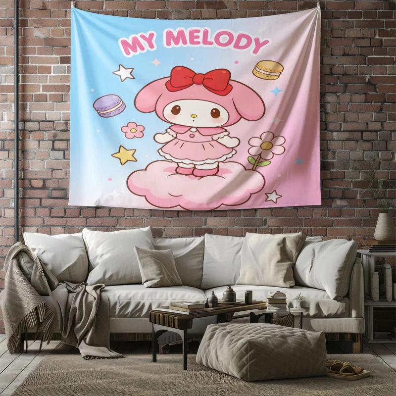 Tapiz My Melody Sanrio Kawaii con Estampado de Nubes en Degradado Rosa y Azul para Colgar en la Pared del Dormitorio, Decoración de Pared con Estrellas y Macarons de Anime