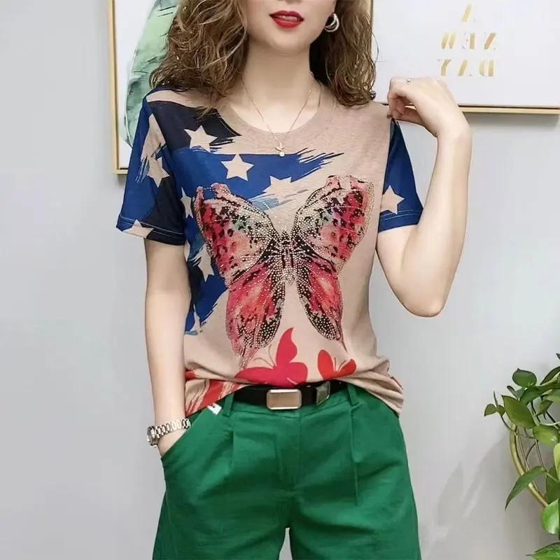 Female Clothing Butterfly Printed Pullovers Vintage Casual O-Neck Short Sleeve 2024 Summer Loose Stylish Spliced Commute T-shirt