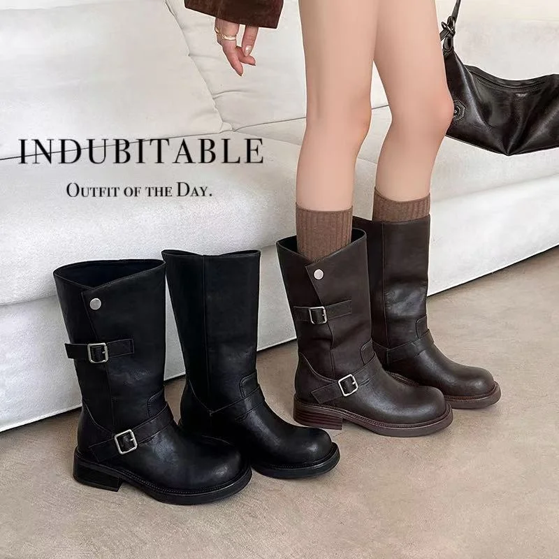 2026 new autumn winter women mid-calf boots natural leather 22-25cm split leather+fabric+microfiber/plush buckle women boots