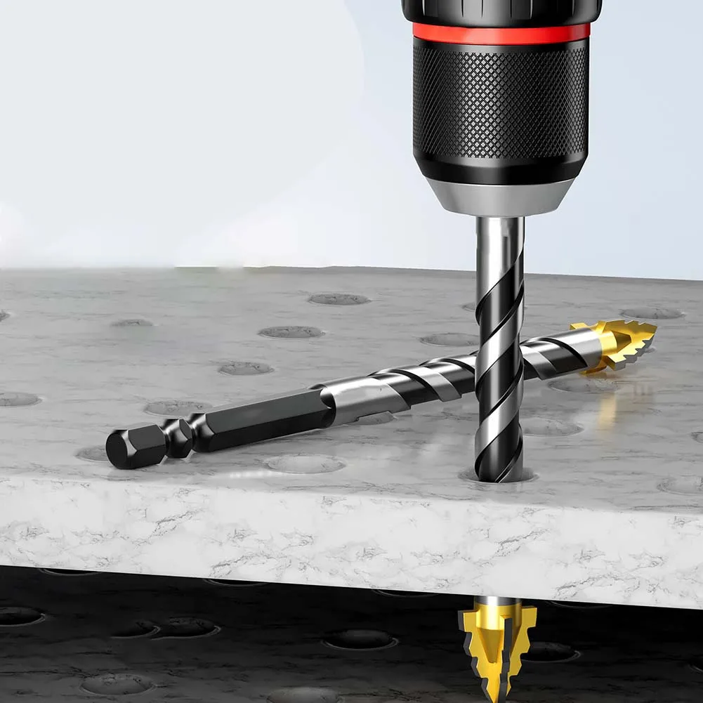 

Eccentric four flute drill bit for tile and stone carbide triangle spiral geometry for enhanced stability and control