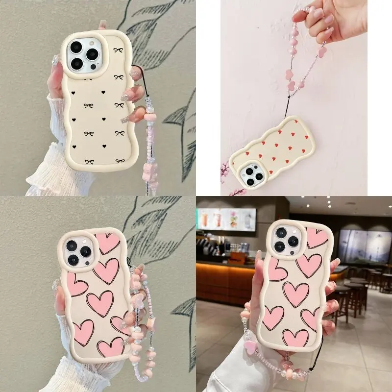 Heart Phone Case For Motorola Moto G32 G35 Edge 40 NEO G55 E14 G84 G22 G14 5G cover  Soft Candy Wave Side Love Bracelet Chain