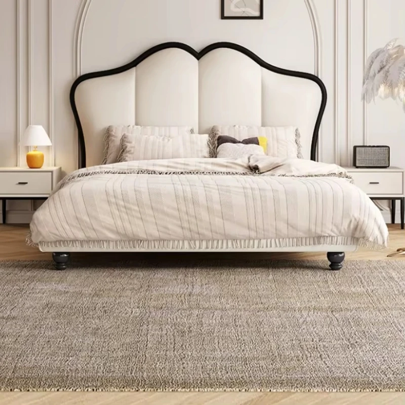 French cream leather bed, modern simple butterfly double bed, princess luxury bed, bedroom storage bed