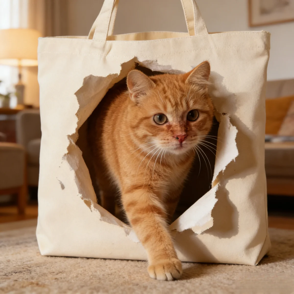 1PC Creative 'Fleeing Orange Cat' Design Canvas Shoulder Bag White Large Capacity Student Bag 2D Flat Pattern Handbag