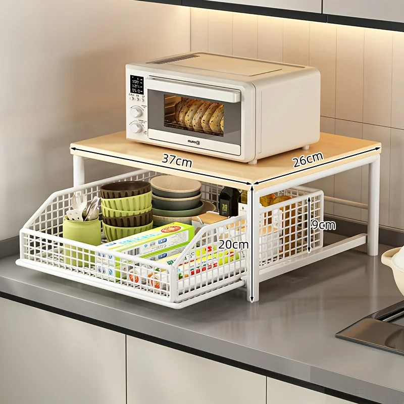 Modern kitchen microwave rack storage rack - sturdy solid wood and metal structure, space-saving countertop storage rack