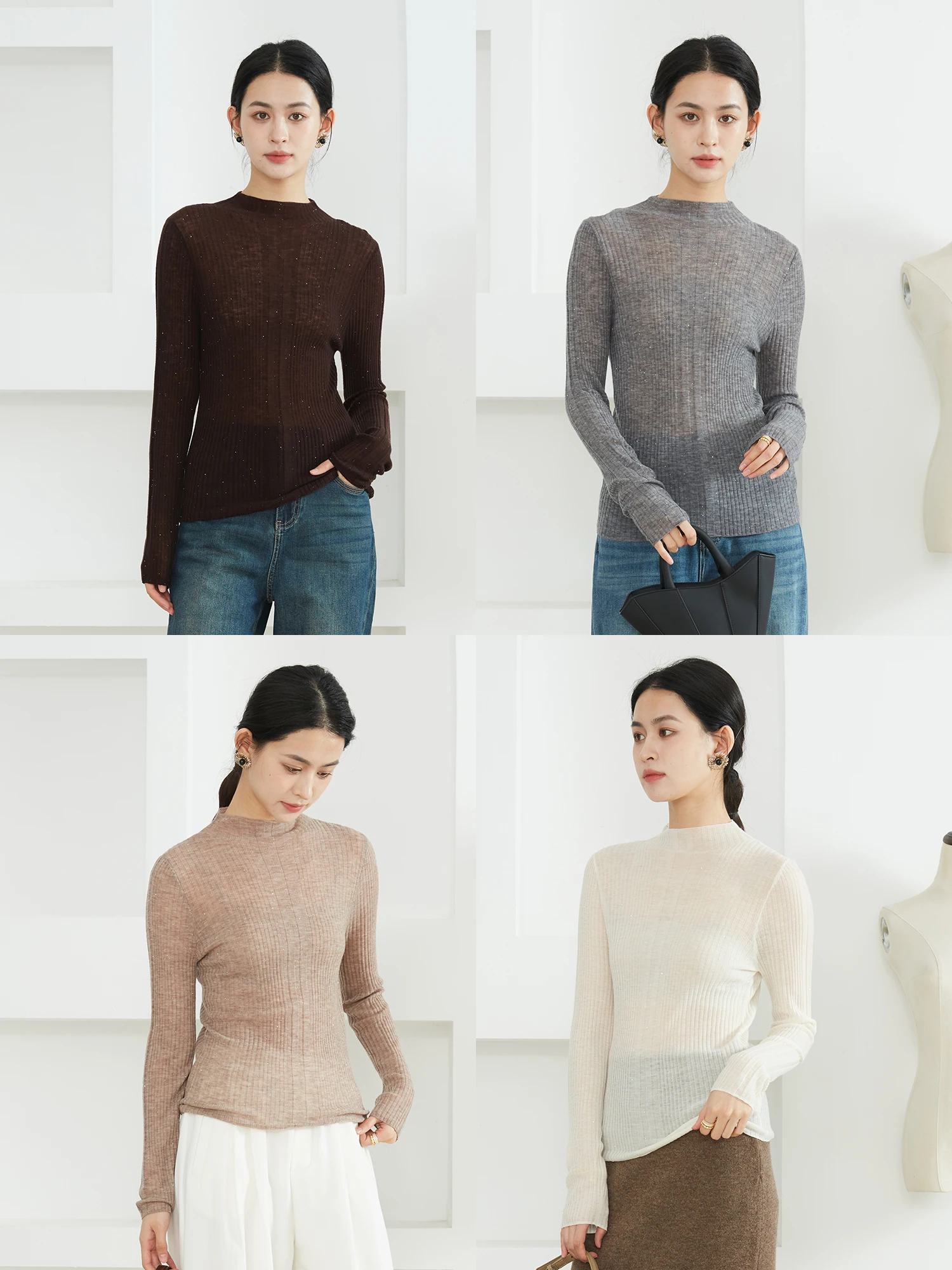 

00% Wool Stand Collar Long Sve Knitted Sweater Water Soluble Wool Slim Fit Base irt Casual Sle Striped Pattern