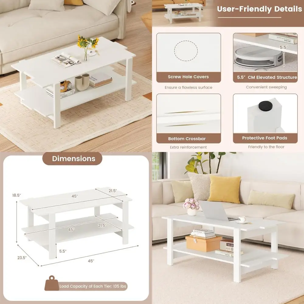 

45 Inch Modern Rectangular Coffee Table with Storage and Slatted Design for Living Room