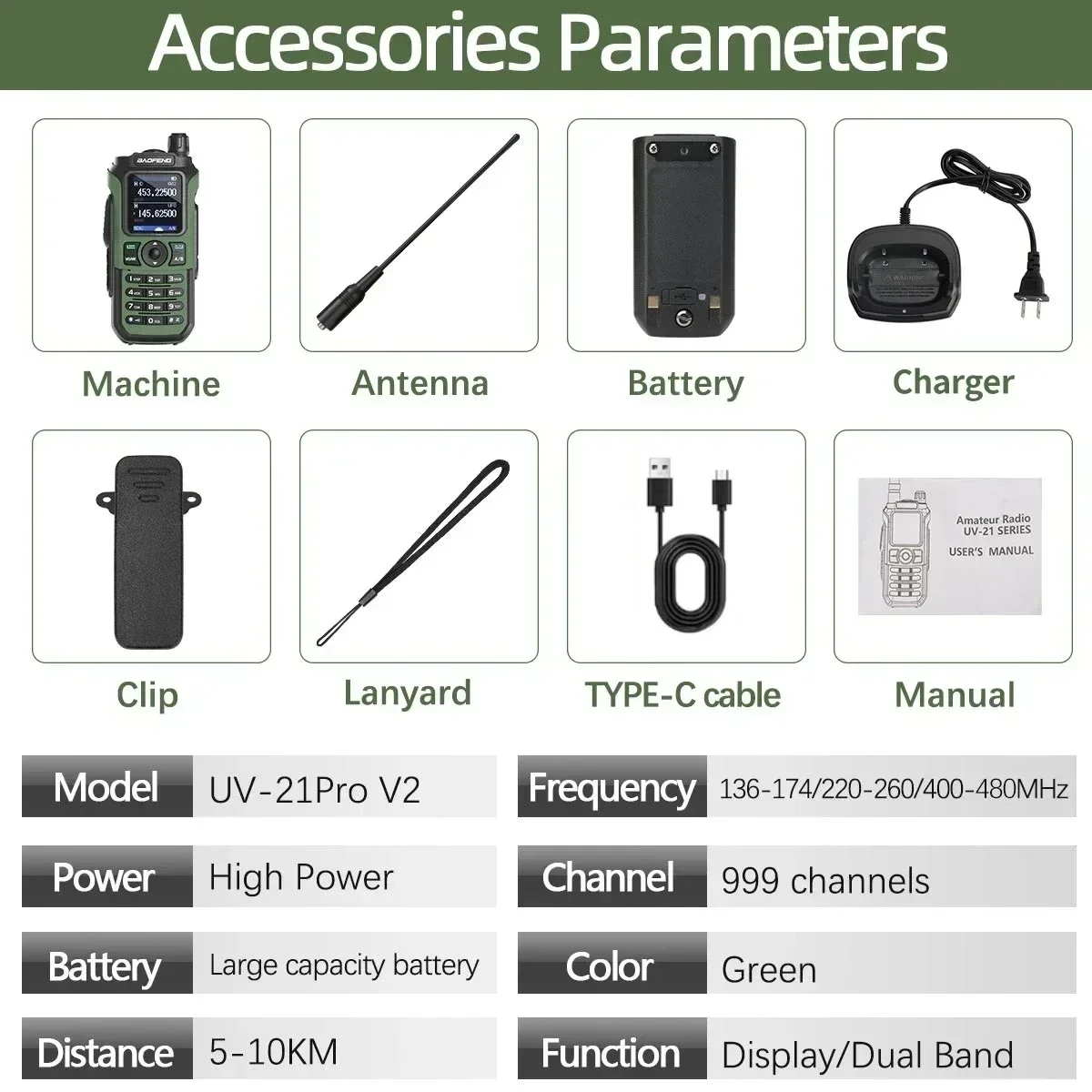 BAOFENG UV-21 pro V2 Multi-Band Two-Way Ham Radio Wireless Copy Frequency Long-Range Waterproof Type-C Powerful Communication