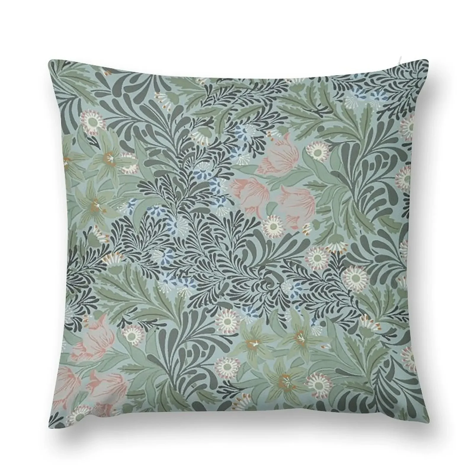 

William Morris Green Blue & Grey floral Leaves Vintage Pattern -Victorian Botanical Designs, Throw Pillow