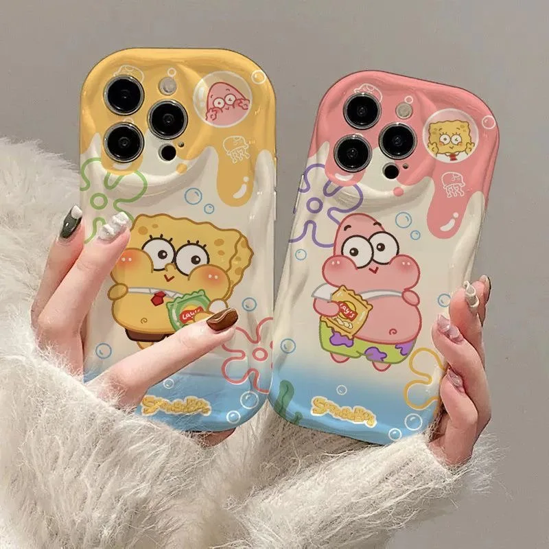 Fashion Patrick Cute Cool SpongeBobs 3D Wave Case For iPhone 16 15 14 13 12 11 Pro Max Mini X XR XSMAX 8 7 6S Plus Soft Silicone