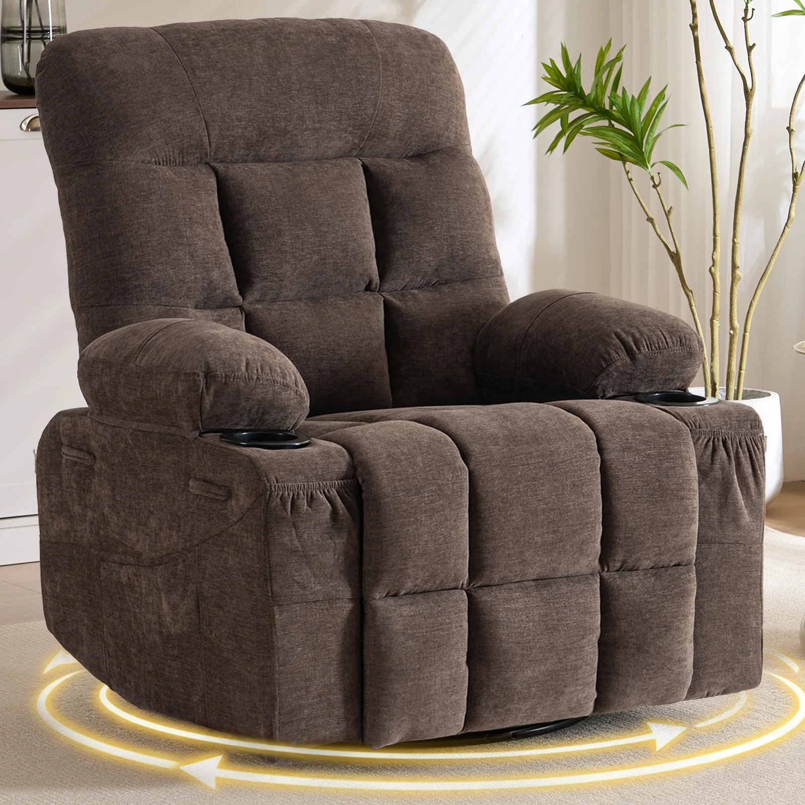 360° Swivel Rocker Recliner Chair, Modern Recliner Single Sofa with Cup Holders, Manual Nursery Rocking Chair with Side Pockets,  Upholstered Recliner for Living Room,Apartment,Home Theater