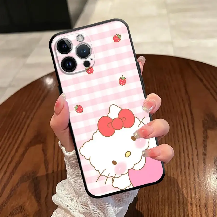 Case for iPhone 17Air XS Max 13 12 11 17 Pro Max XR 15 16 14 Plus 7 8 Black Soft Phone Cover Strawberry Hello Kitty