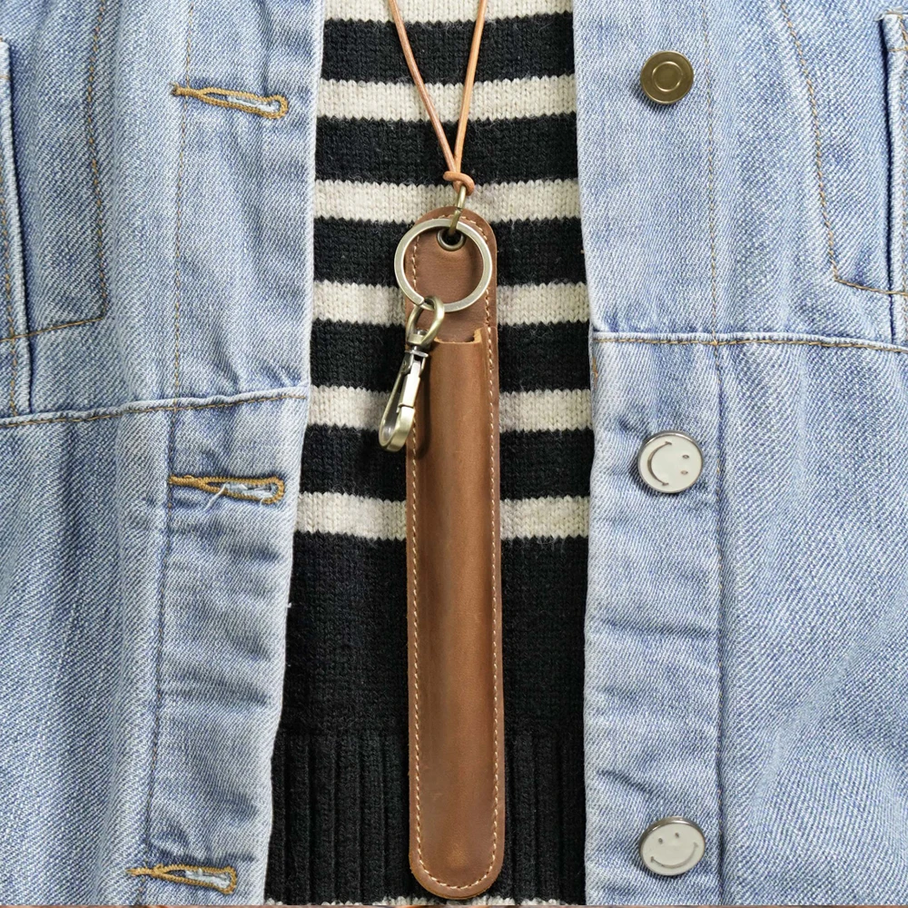 Vintage Leather Pencilcase Pen Pouch Case Protector Sleeves with Keychain & Detachable Neck Strap